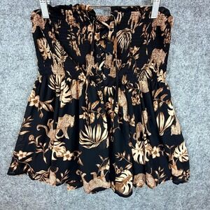 Torrid Shirring Top Womens 0 Black Brown Leaf Lace Up Back Smocked Strapless